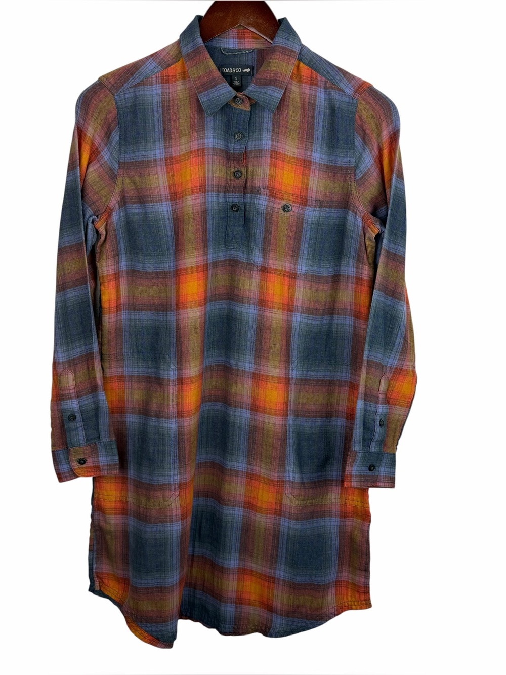 Toad & Co. | Orange Blue Plaid Reform Popover Long Sleeve Dress